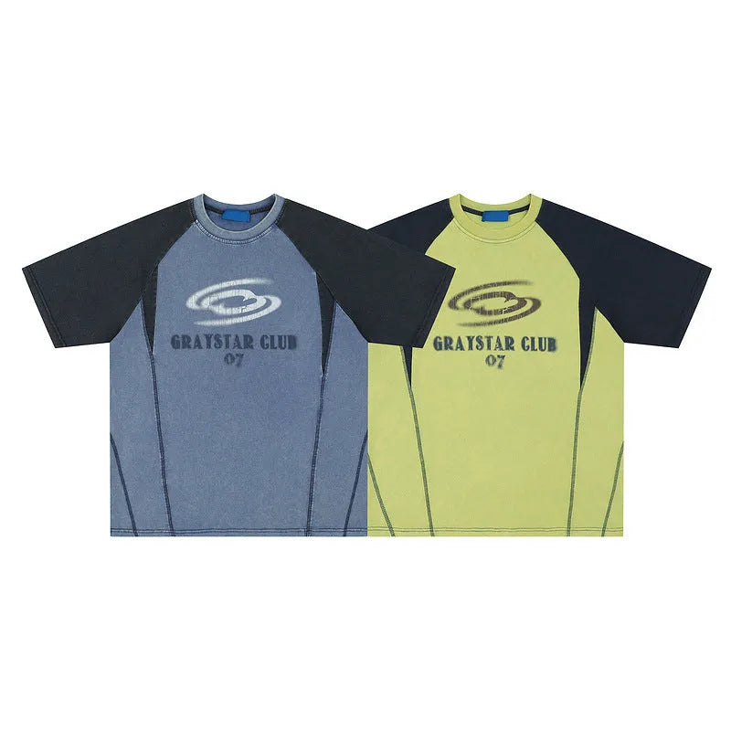 Blue hip hop letter print T-shirt with raglan sleeves on male model