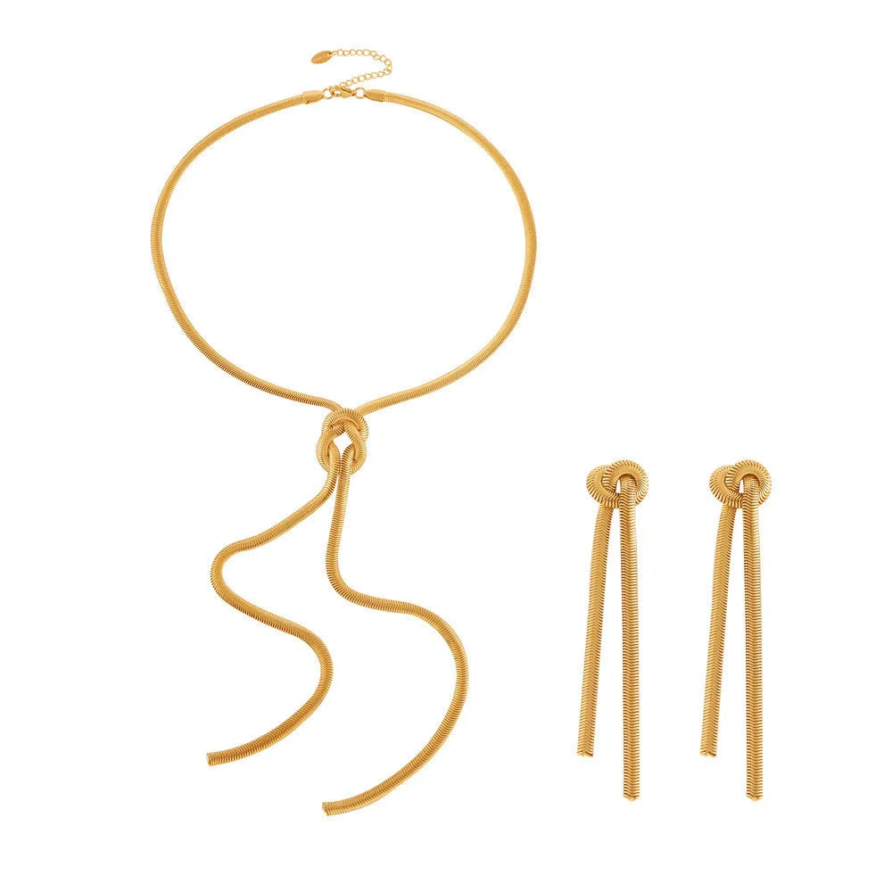 Gold electroplated titanium steel necklace with knotted tassel pendant and matching earrings set