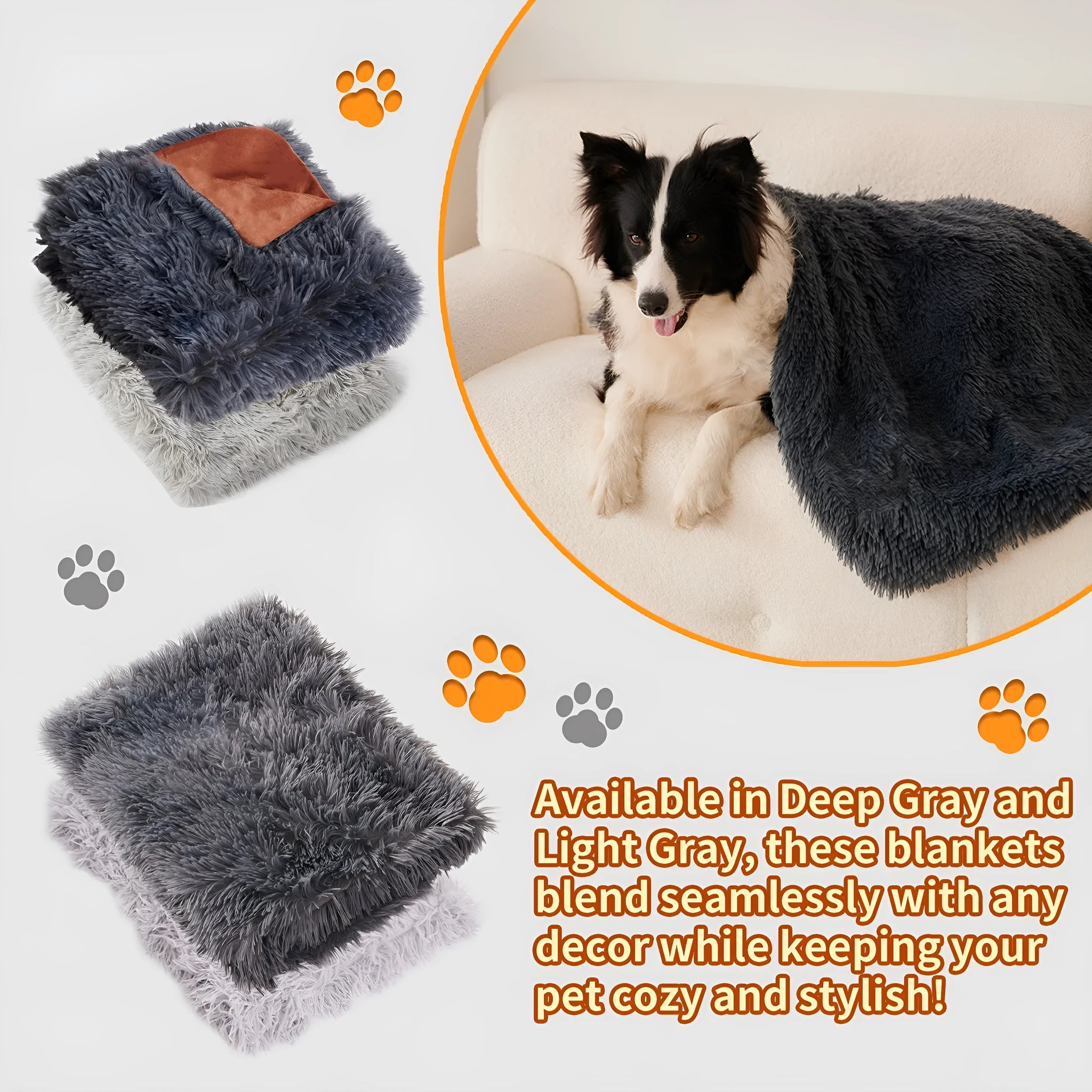 Grey velvet and plush pet blanket laid on a sofa, showing its soft texture and size.