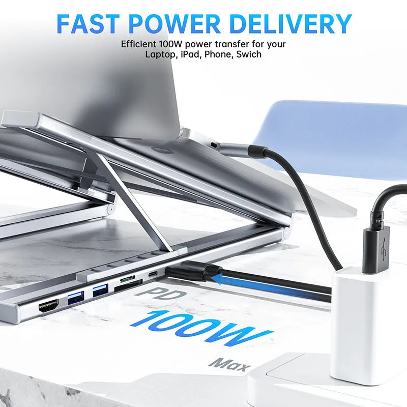 Aluminium foldable 8-in-1 docking station and laptop stand with multiple ports.