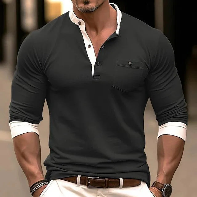 Men's solid colour cotton long sleeve t-shirt on hanger showing round neck design