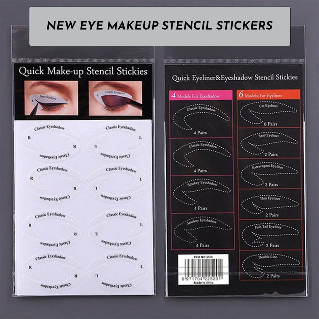 Set of four clear, flexible eyeliner and eyeshadow makeup stencil templates on a pink background.