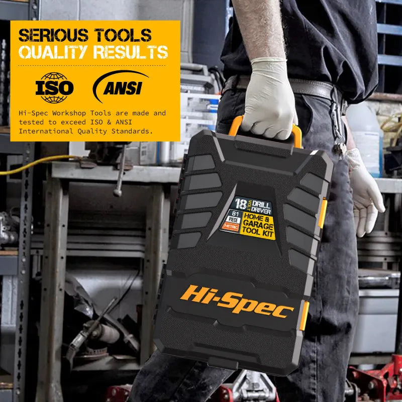 Grey yellow case open to reveal an 82-piece chrome-vanadium steel tool kit for furniture installation.