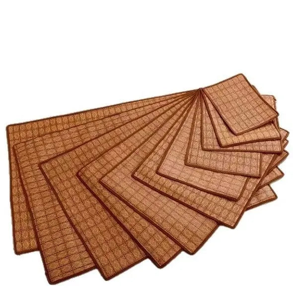 Brown woven rattan fibre dog cooling mat shown on a floor, available in multiple sizes.