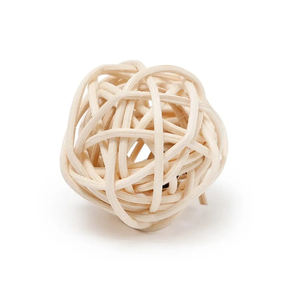 Two cat toys: hollow rattan ball with bell and faux feather ball in primary colours