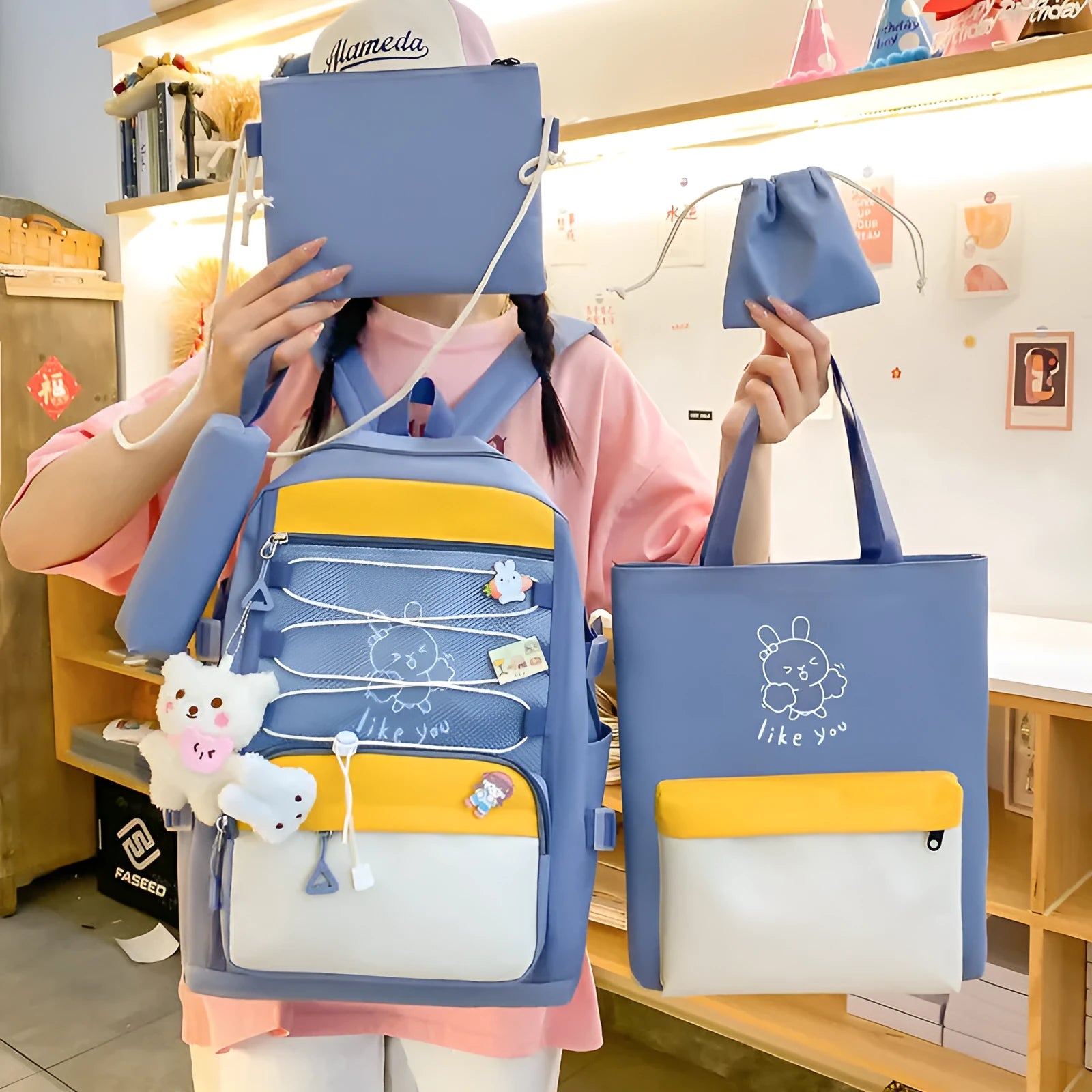 Nylon student backpack in four colour options with curved shoulder straps for junior high school