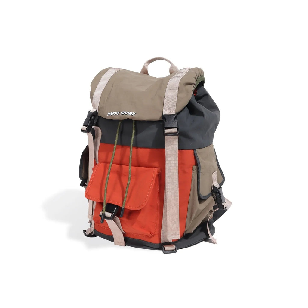 Orange green contrast colour outdoor backpack with multiple compartments and air cushion belt system.