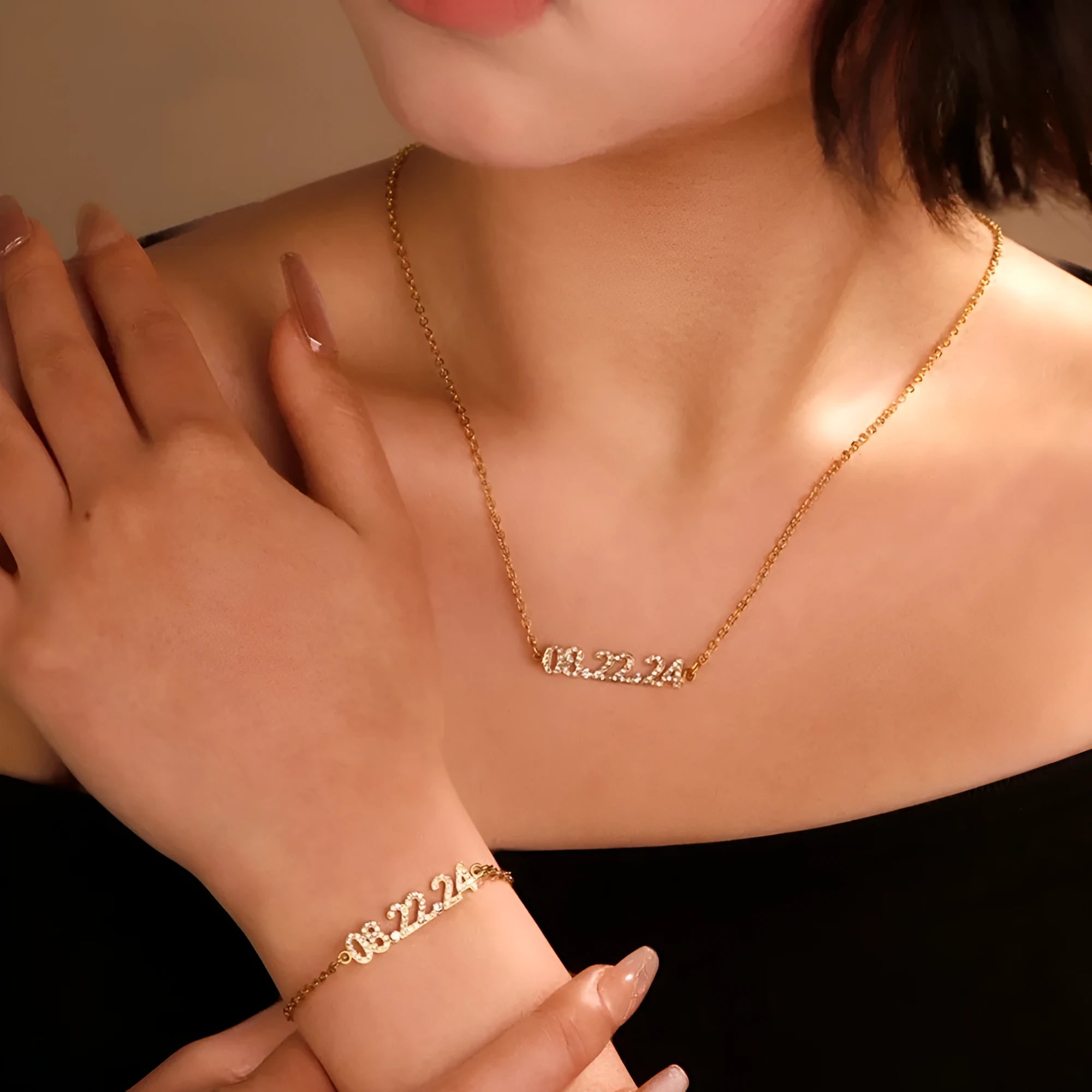 Stainless steel digital bracelet with diamond set numbers on display, shown in a gold colour option.
