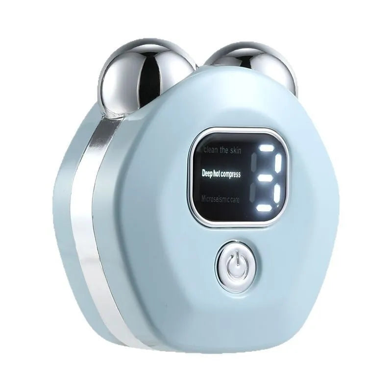 Portable white microcurrent facial massager with dual rollers and charging cable.
