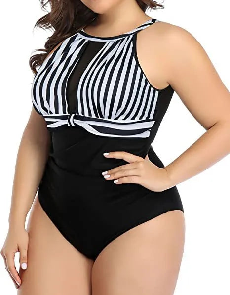 Women's lace-pattern one-piece swimsuit in black, stripes or red flower colours