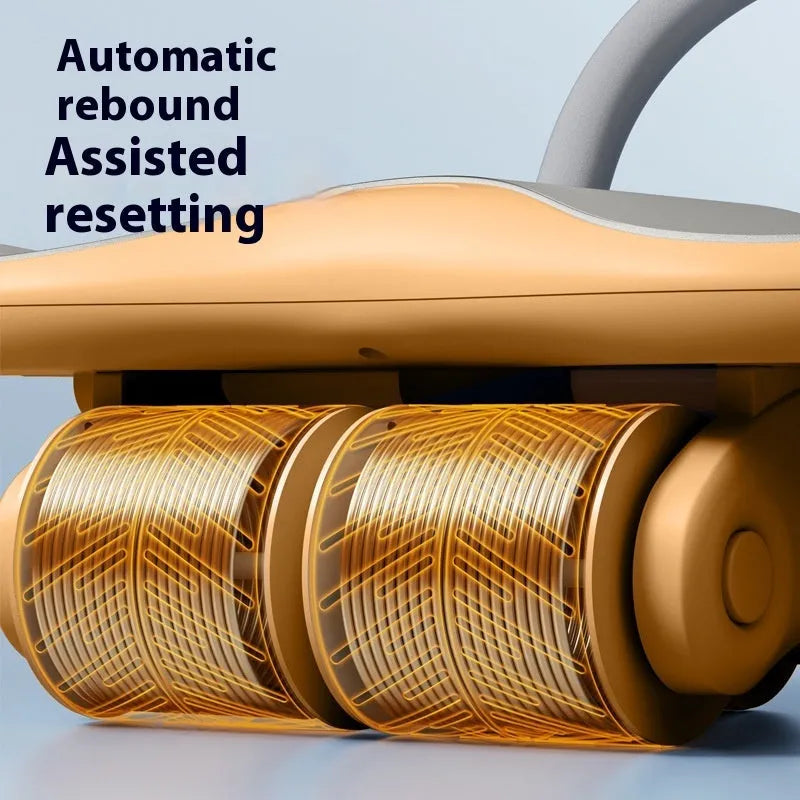 Black and orange three-wheel abdominal exercise roller with automatic rebound mechanism and a grey kneepad.