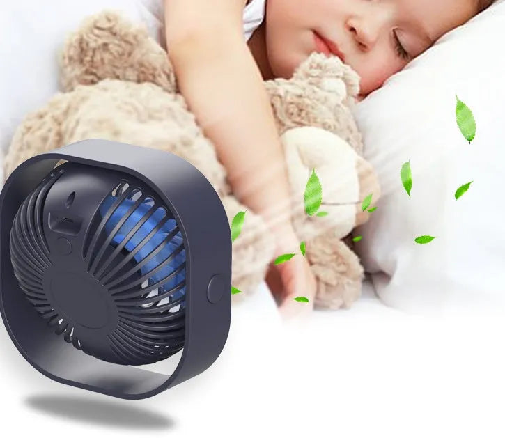 USB desk fan with alarm clock style and 360-degree rotating head in blue colour.