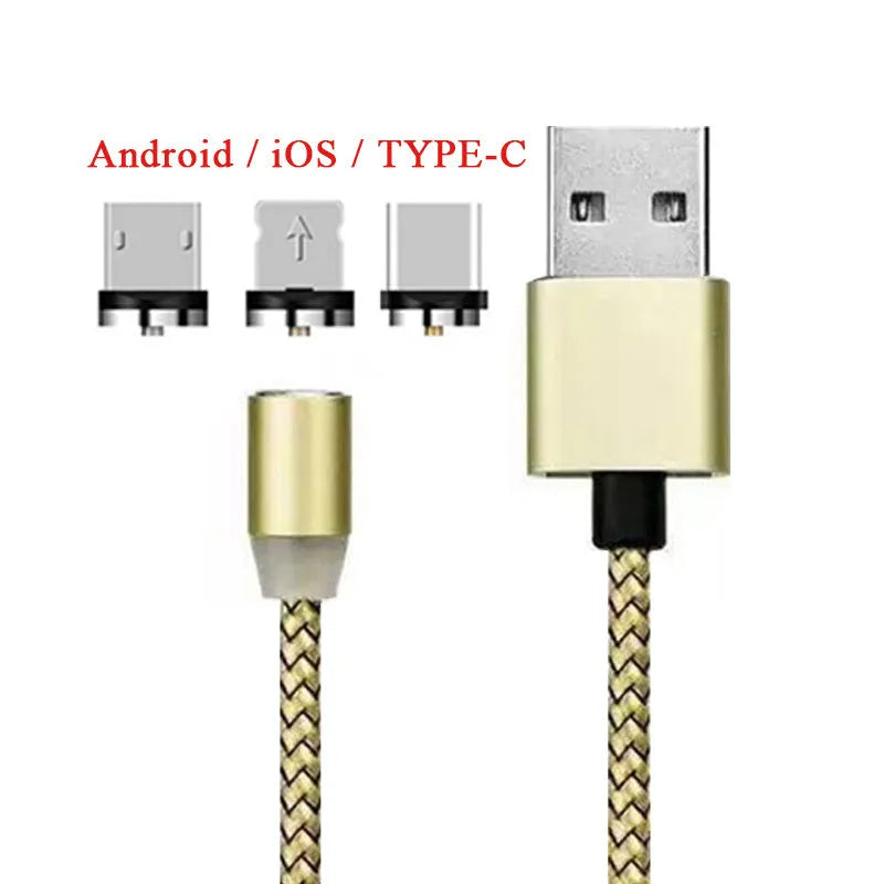 1 metre magnetic LED charging cable with cotton woven cord and three-in-one connector in aluminium shell