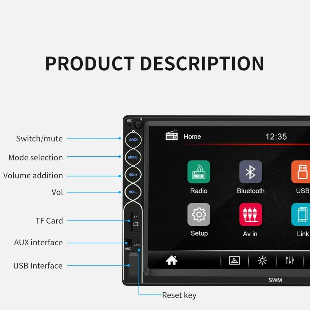 7 inch double DIN car MP5 player with TFT touchscreen, USB, SD, and Bluetooth connectivity
