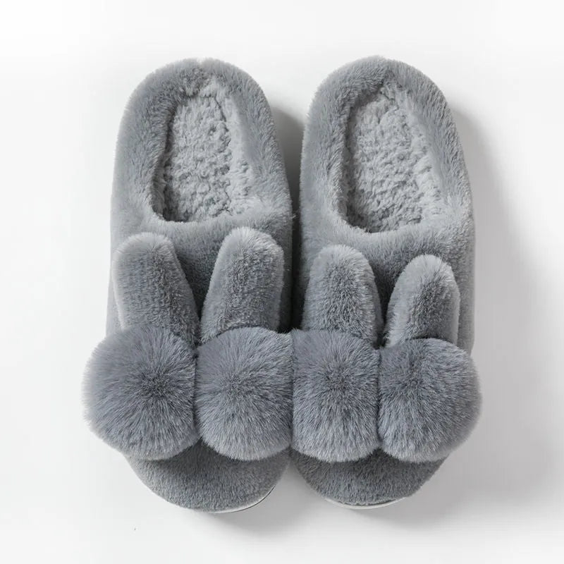 Women's high-top bunny fluffy slippers in creamy white with a flower pattern and rabbit fur.