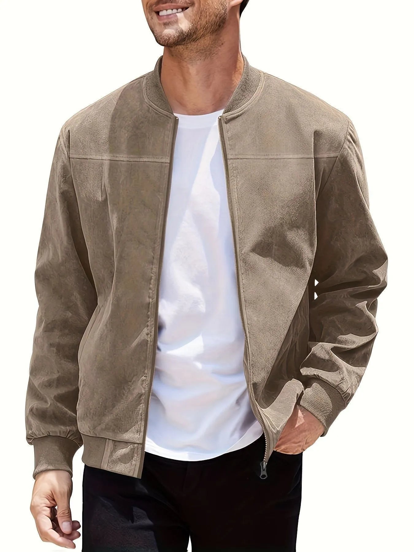 Men's plus size suede jacket with zip closure in Army Green colour with regular sleeves