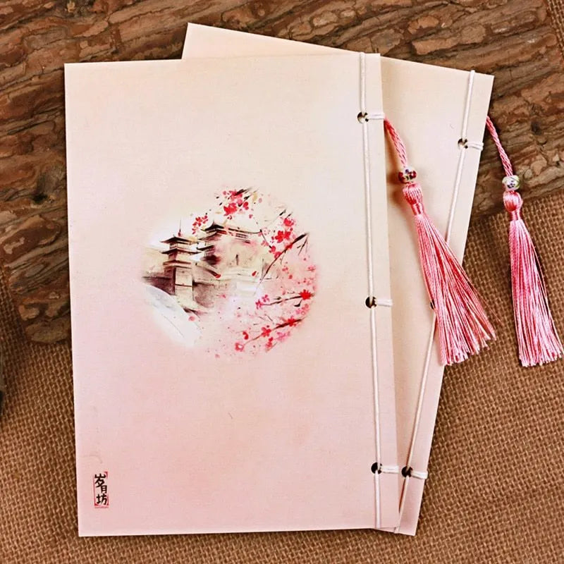 Chinese style thread-bound notebook with watercolour retro Azalea cover, showing open pages.