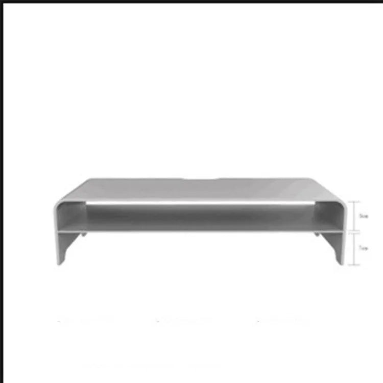 Silver aluminum alloy computer monitor riser stand with sandblasted finish on a desk