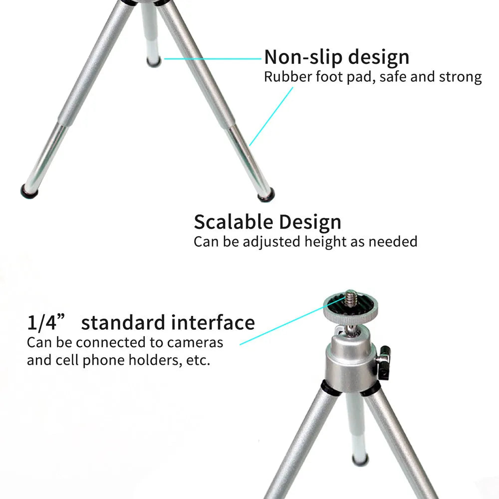 Mini aluminium tripod with ball head and black phone clip for cameras and mobile devices