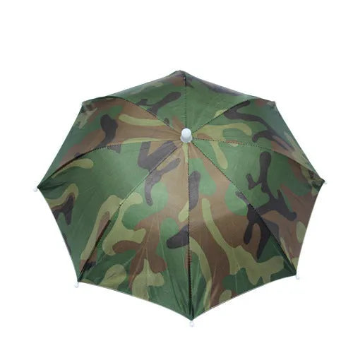 Folding handleless polyester fibre sun hat umbrella 55-65cm in outdoor fishing camp setting with silver layer option