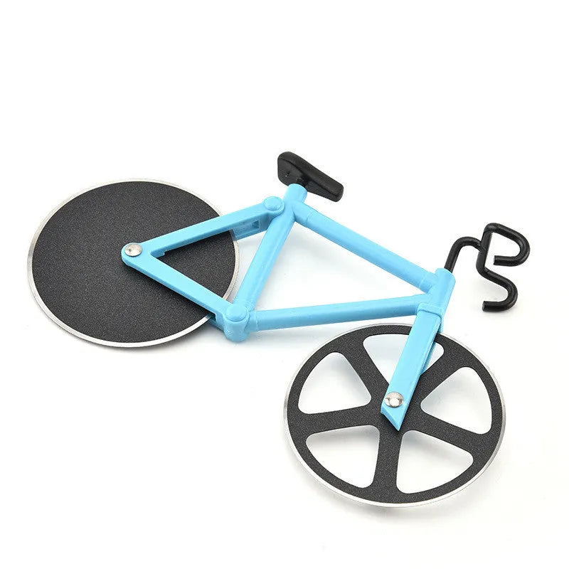 Bicycle shaped pizza cutter with stainless steel blade and ABS handle on white background