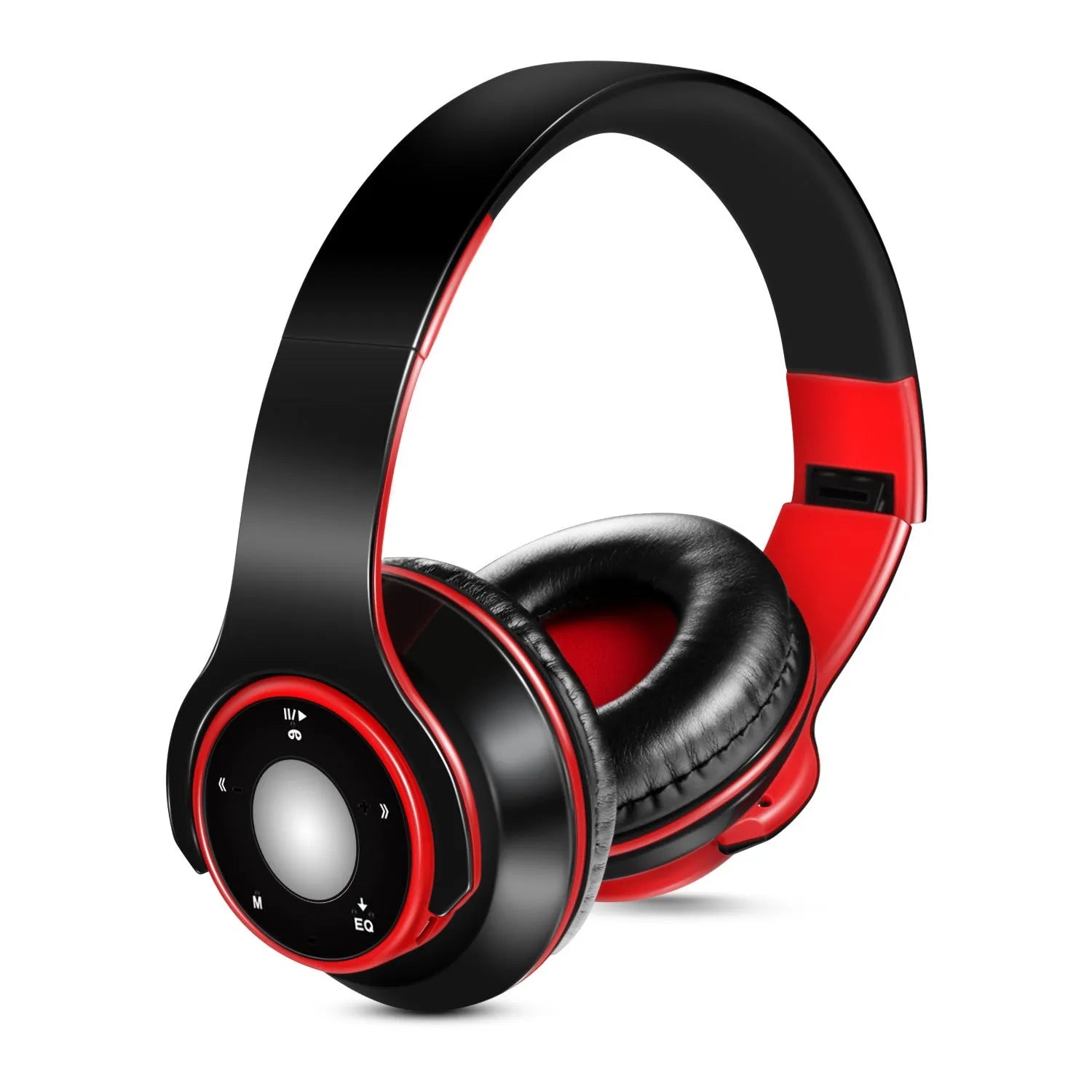 Foldable over-ear wireless Bluetooth headset with adjustable hinges in blue, red, or rose red colours.