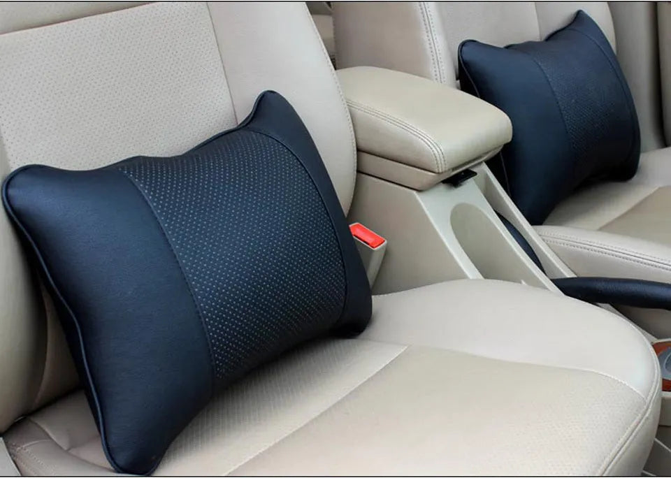 Car breathable headrest with leather surface and classic punched ventilation pattern in beige