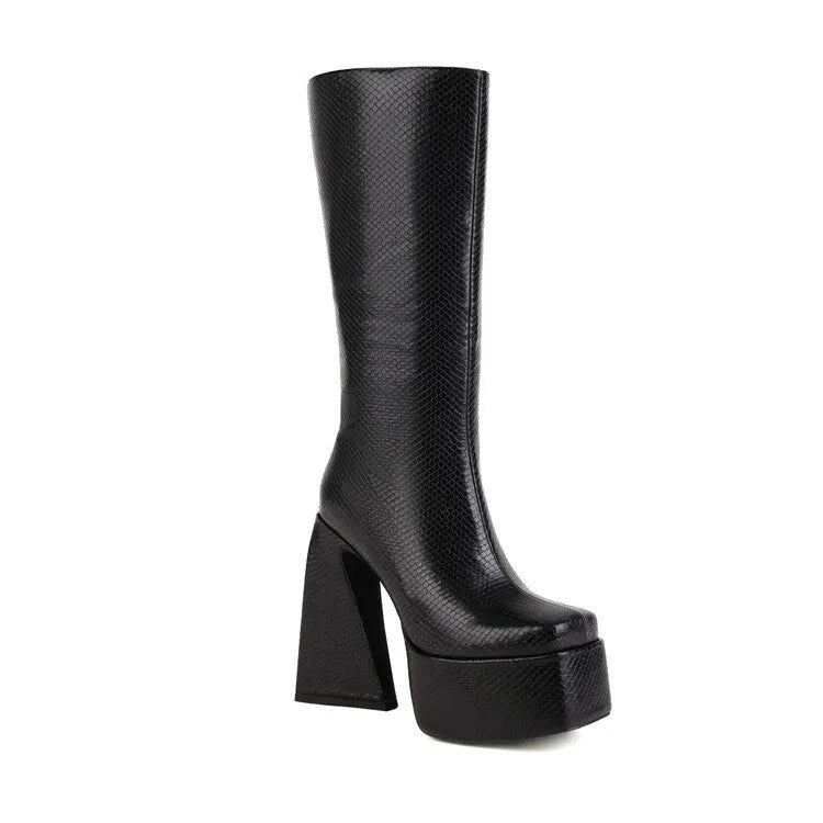 Women's black high boot made of artificial PU leather, shown from the side.