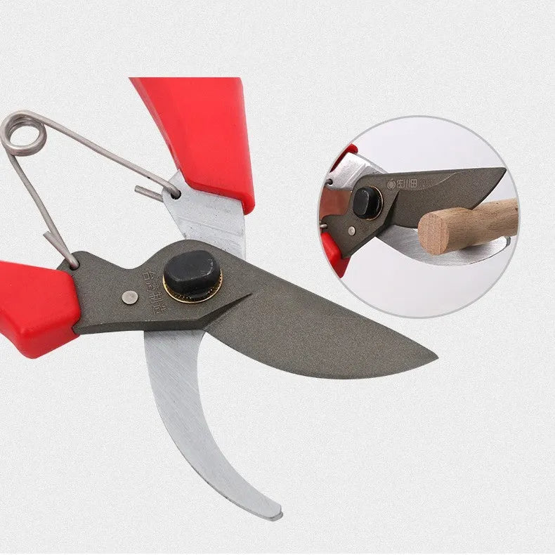 Red handle pruning scissors with SK5 steel blade, 200mm total length, 50mm blade, 120mm handle, 45mm maximum opening