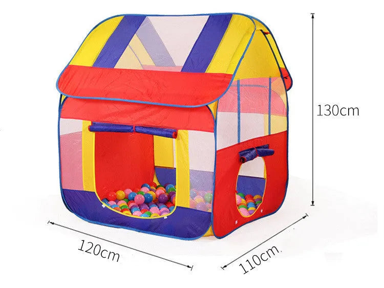 Large blue outdoor children's play tent with roll-up mosquito net curtain in a garden.