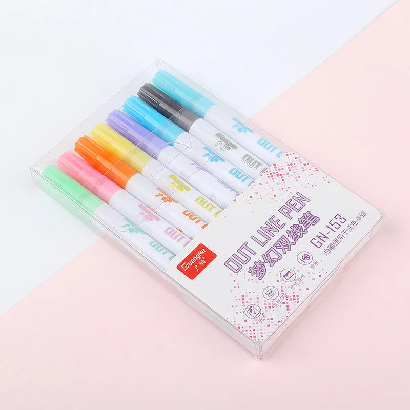 Set of colourful highlighter pens with plastic nibs and water-based ink, showing 1-2mm line width on paper