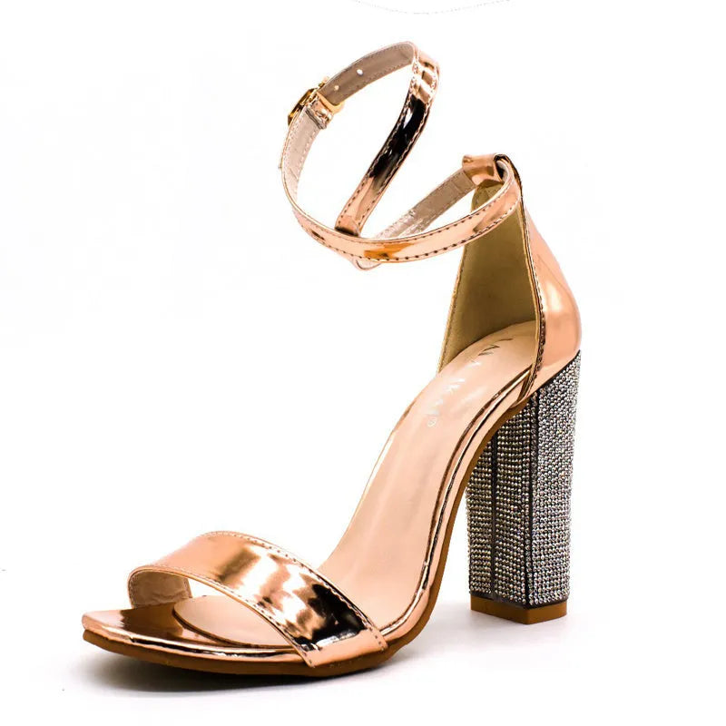Rhinestone high heel sandals with cloth upper and rubber sole in black and gold, sizes 34 to 43