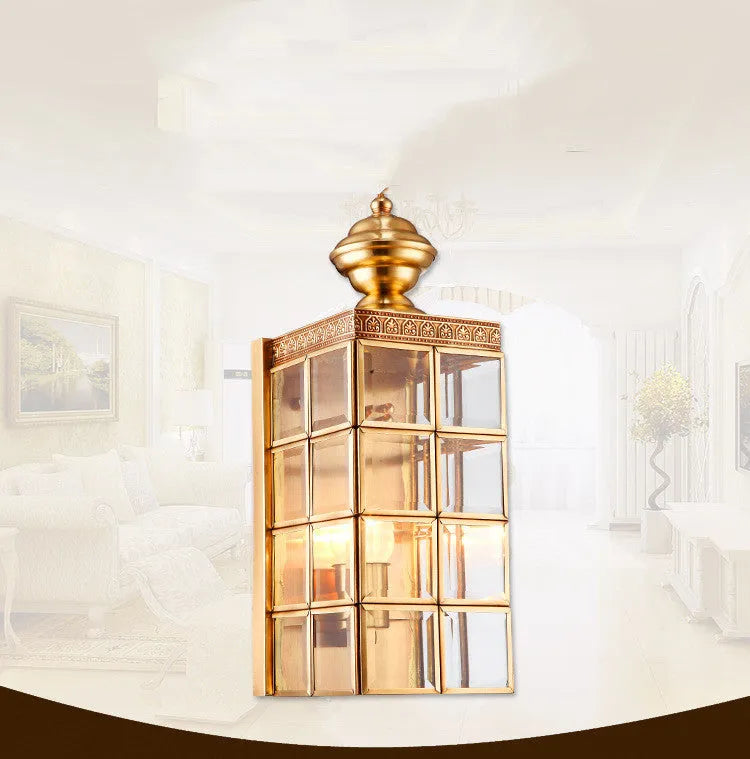 Gold copper LED wall lamp with glass shade, E27 holder, 130x410x150mm, for balcony or courtyard