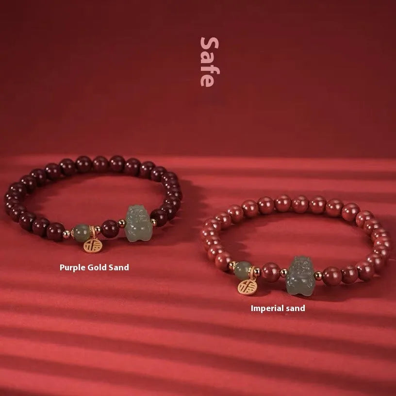 Natural Hetian jade cinnabar bracelet with 8mm beads in emperor sandstone style