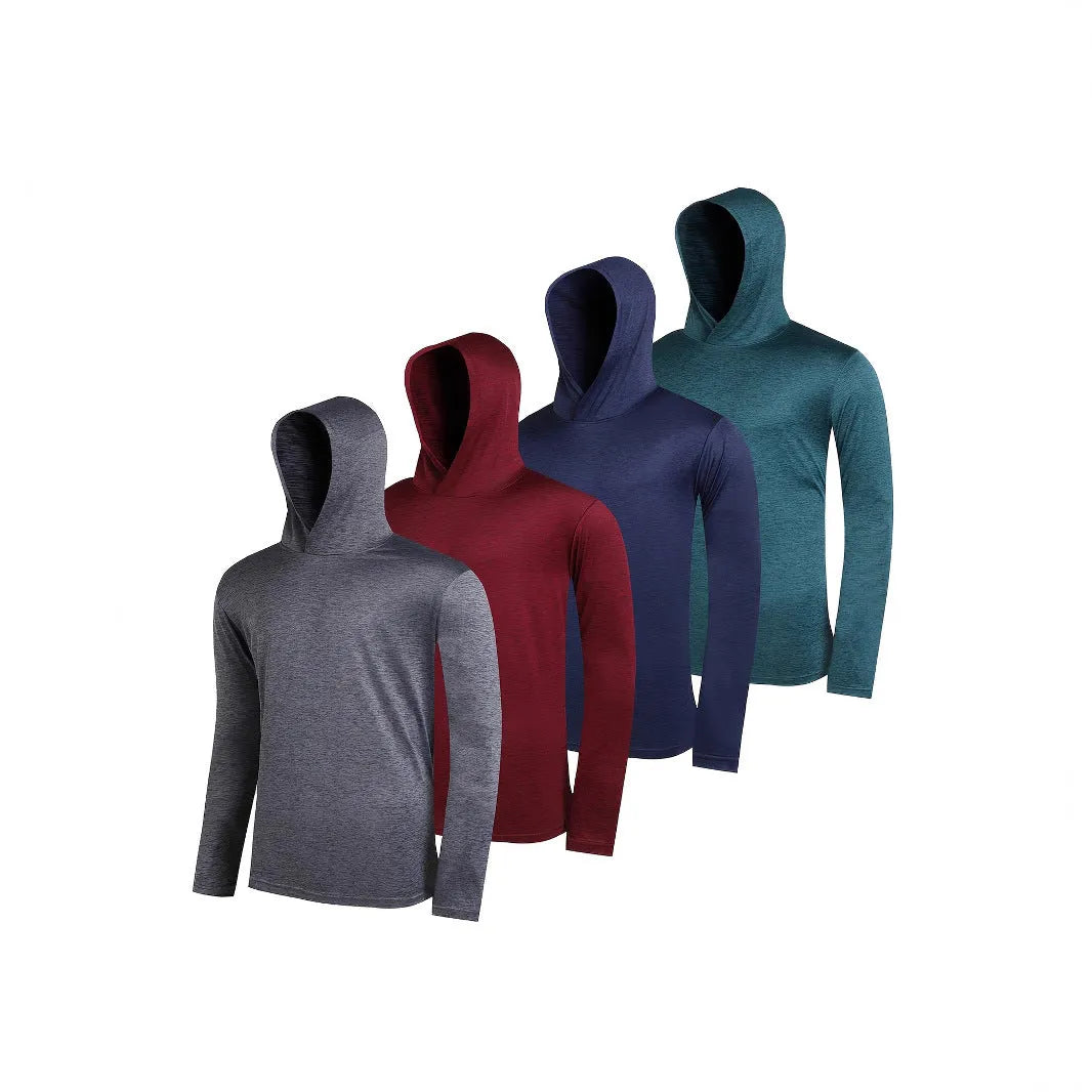 Four men's lightweight polyester hoodies folded, showing colour options Wthm-451, Wthm-452, Wthm-453, Wthm-455, Wthm-456.