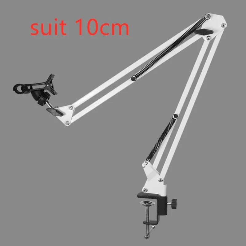 A black adjustable stand holding a mobile phone on a table.