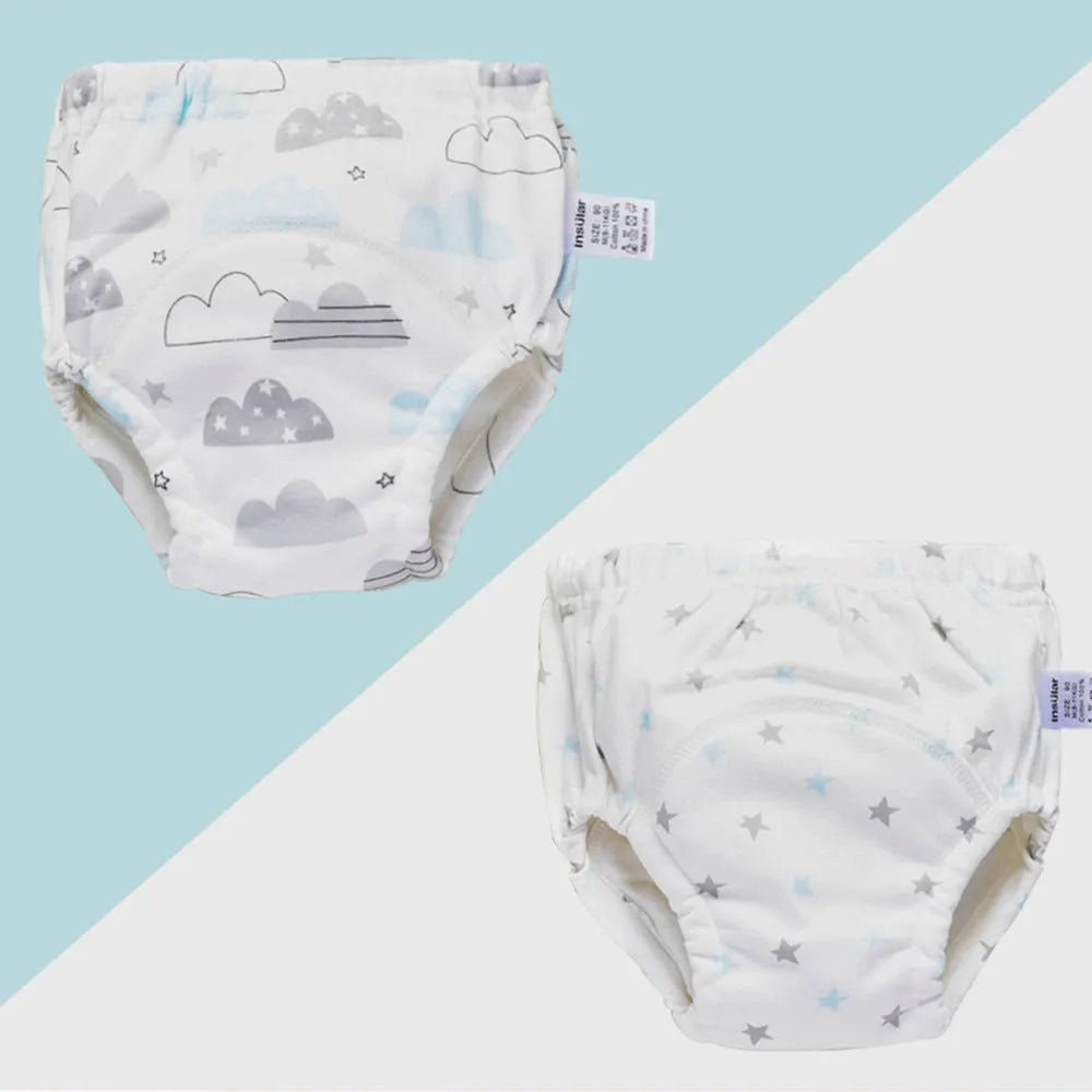 Baby training learning pants in cotton gauze with TPU waterproof layer, shown in panda print on white background