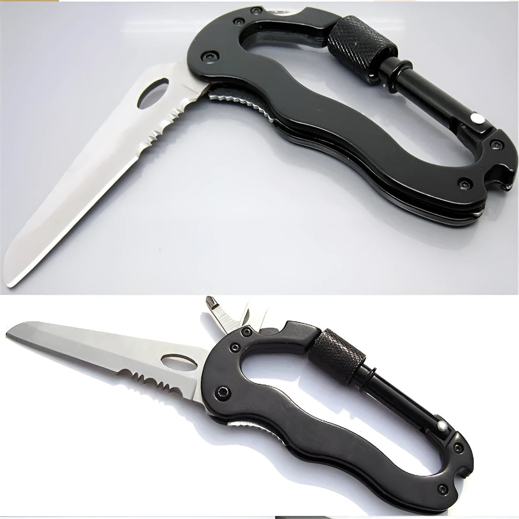 Black multifunctional carabiner hanging buckle with folding knife, 420J2 steel blade, aluminium alloy shell, folded size 10.5cm