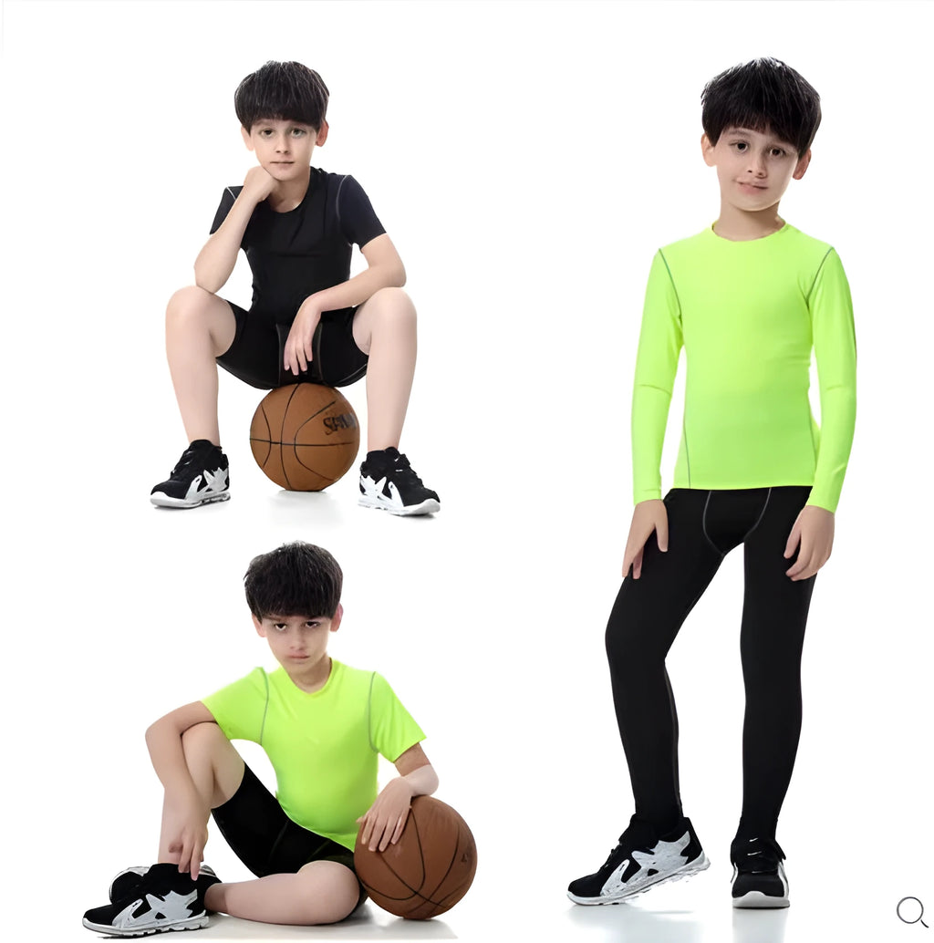 Children's black and green polyester-spandex sportswear set with T-shirt and trousers.