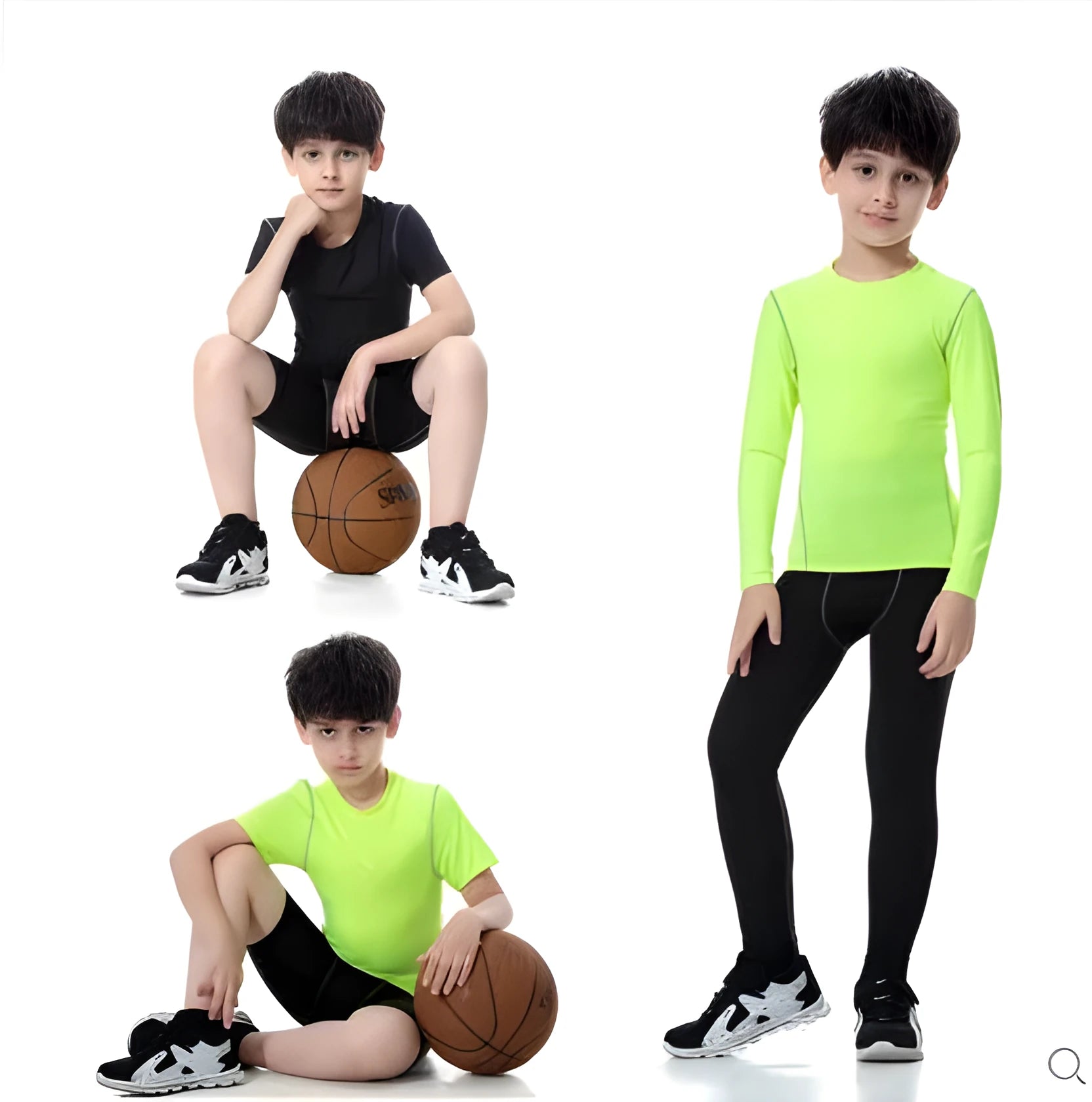 Children's black and green polyester-spandex sportswear set with T-shirt and trousers.