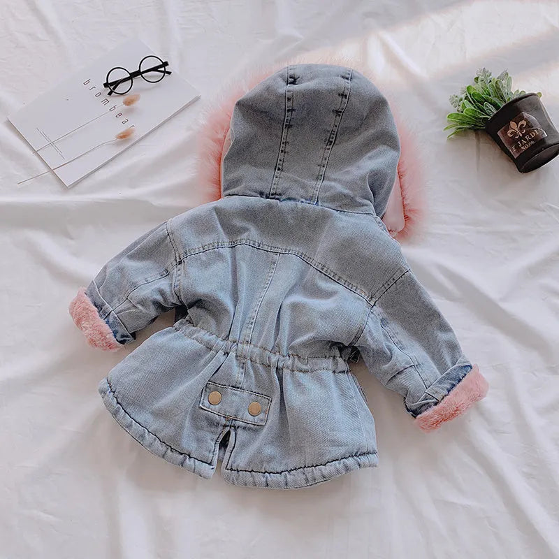 Girl's blue denim coat with hood and plus velvet thickness for Asian sizing