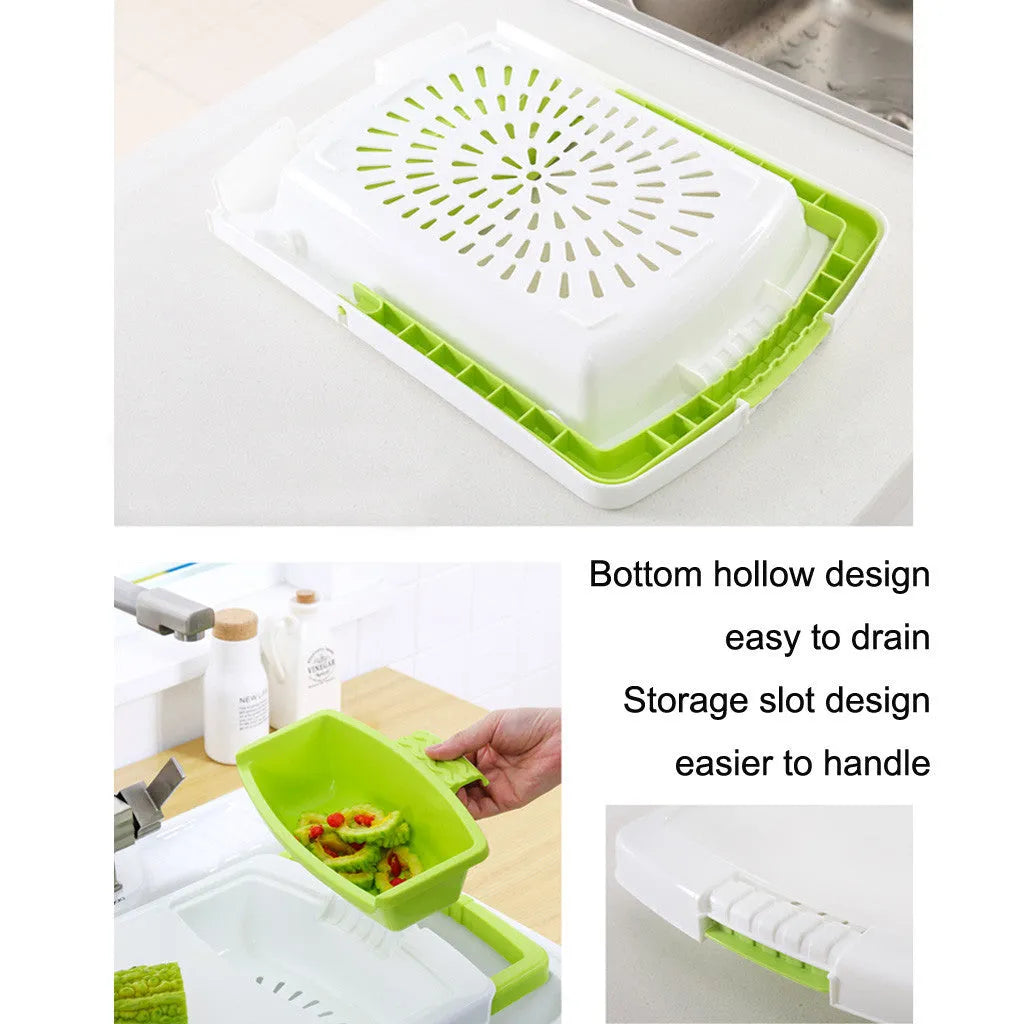 Green multi-function cutting board with drainage holes mounted on a kitchen sink