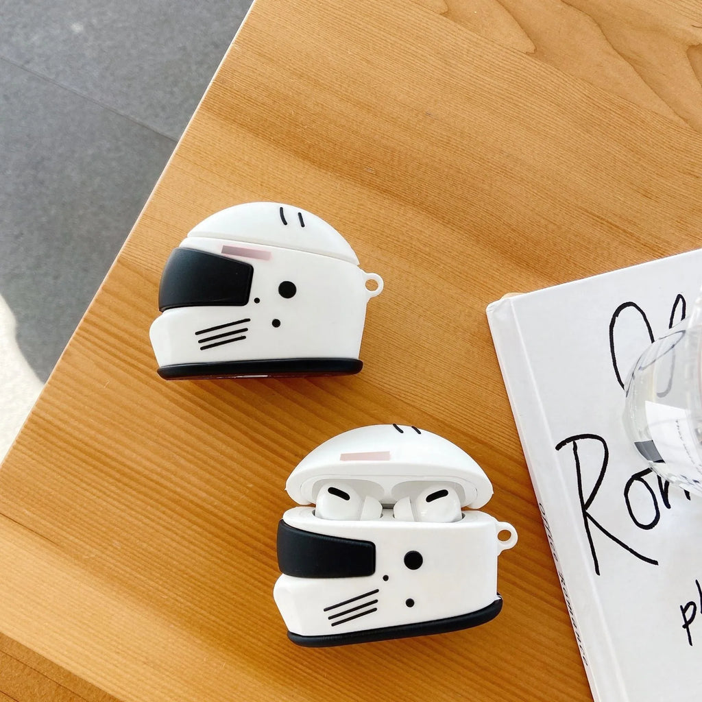 Silicone AirPods cover with motorcycle helmet shape, carabiner, and geometrical pattern, for AirPods Pro and AirPods 1/2.
