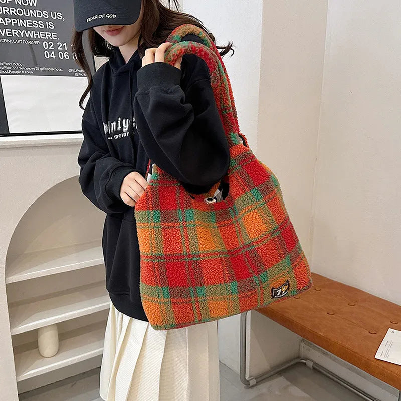 Women's plaid plush crossbody tote bag in Army Green showing horizontal square shape and shoulder strap