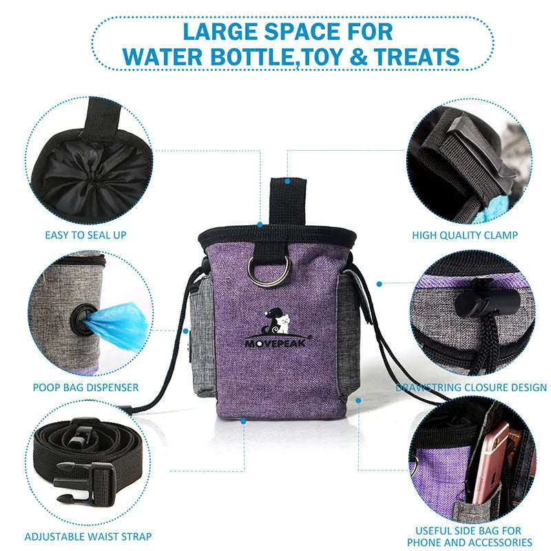 Purple dog training treat pouch with belt clip and waterproof Oxford fabric, 16.5x14x8cm.
