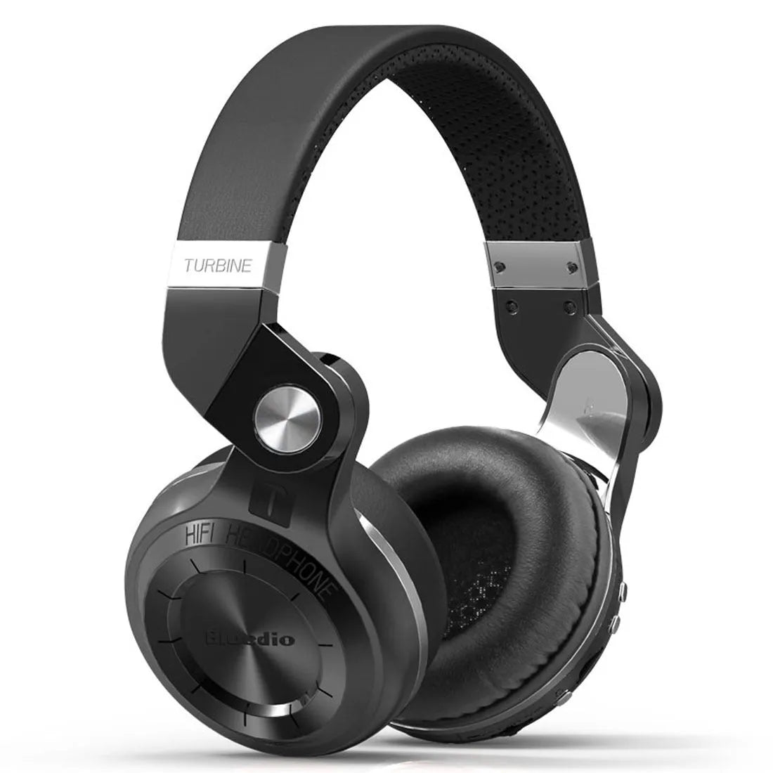 Compact card-sized Bluetooth headset in black colour with head-mounted earpieces, shown on a white background.