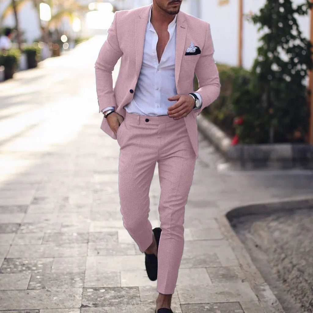 Men's leisure set with digital print two-button suit top and two-piece trousers slim fit light business casual
