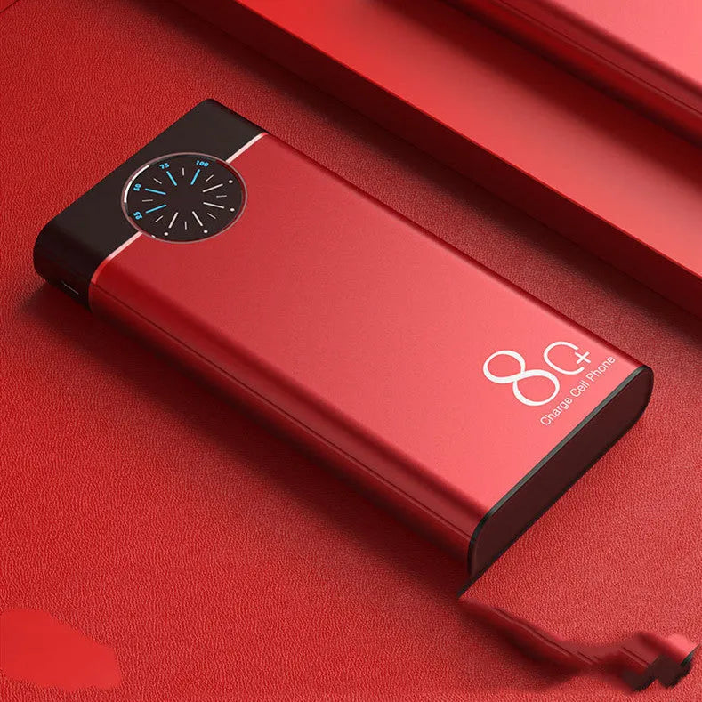 Slim black 20000mAh portable power bank with alloy shell and LED flashlight