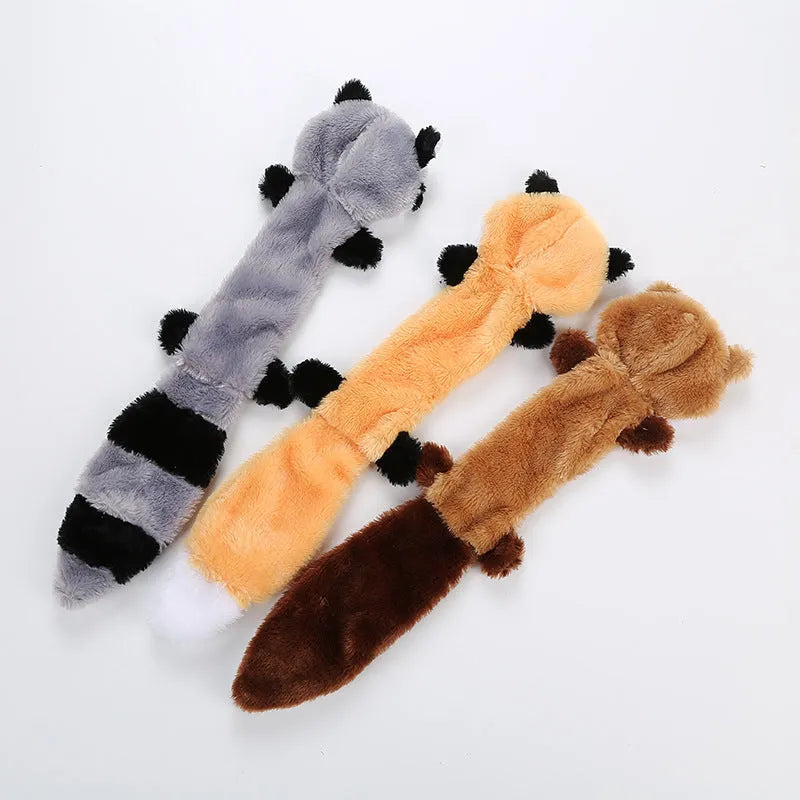 Brown plush dog toy with squeaker on a white background