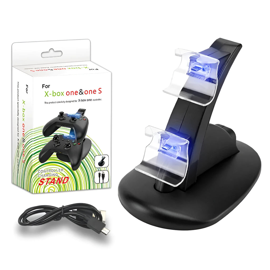 Black Xbox One dual controller charging station showing two gamepads docked.